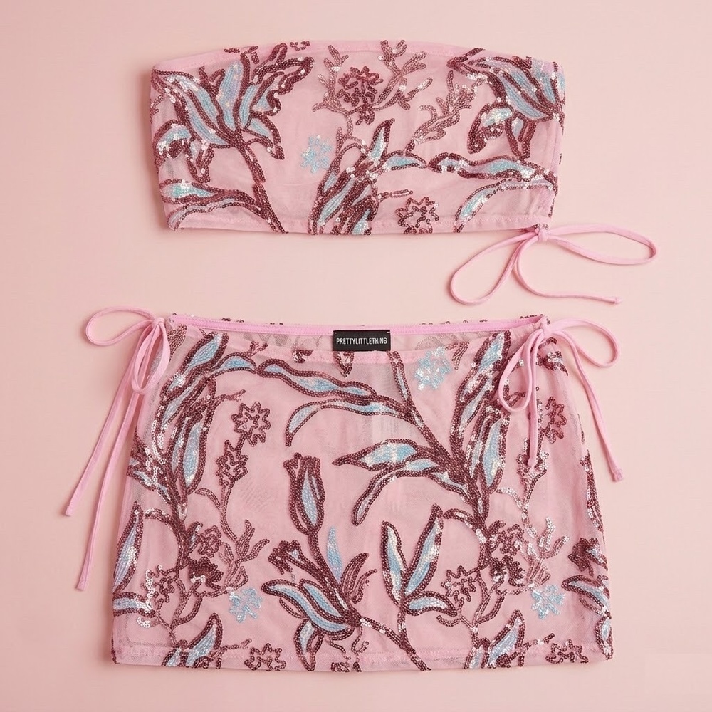 NWT PrettyLittleThing Pink Sequin Mesh Set